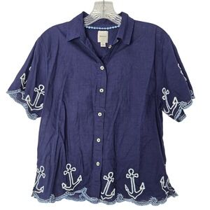 Maeve Navy Blue Embroidered Anchor Short Sleeve Button Down Shirt Top Women's XS